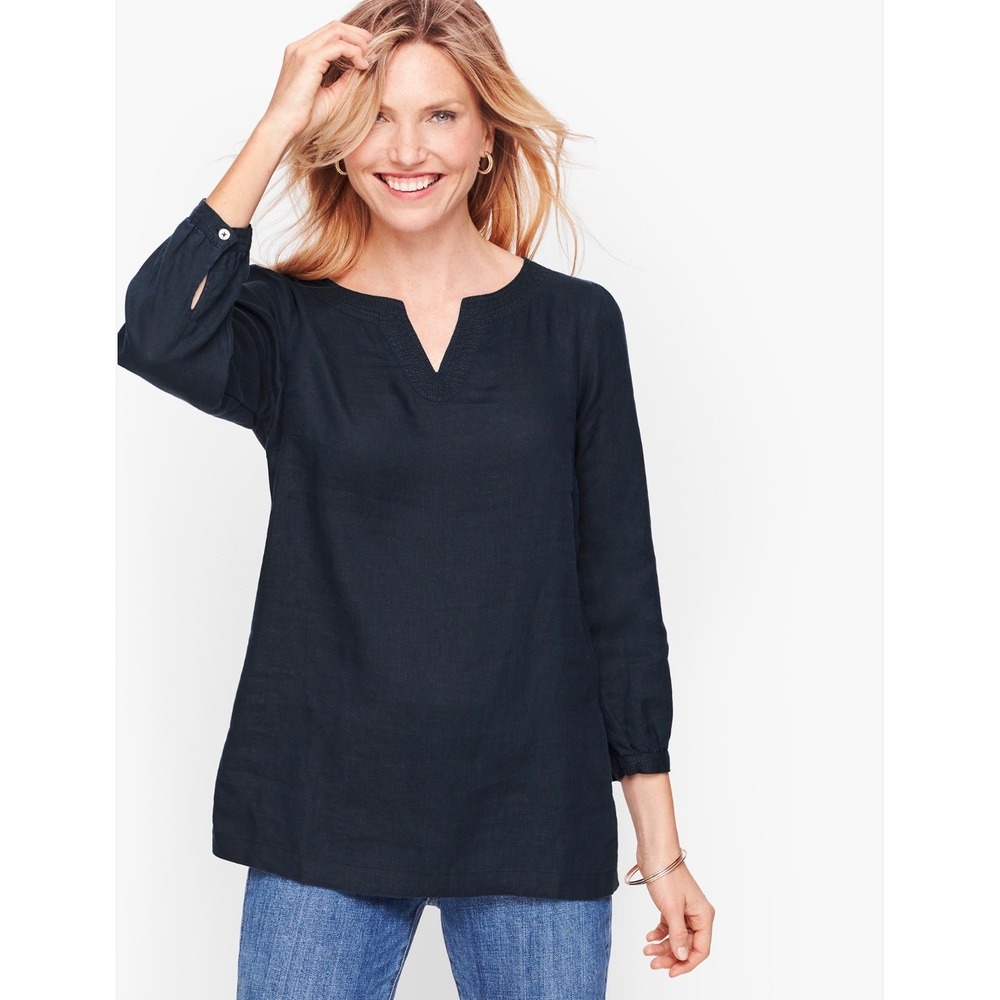 Lauren Ralph Lauren Womens Navy Blue 100% Linen Split V-Neck Tunic Top Plus 1X